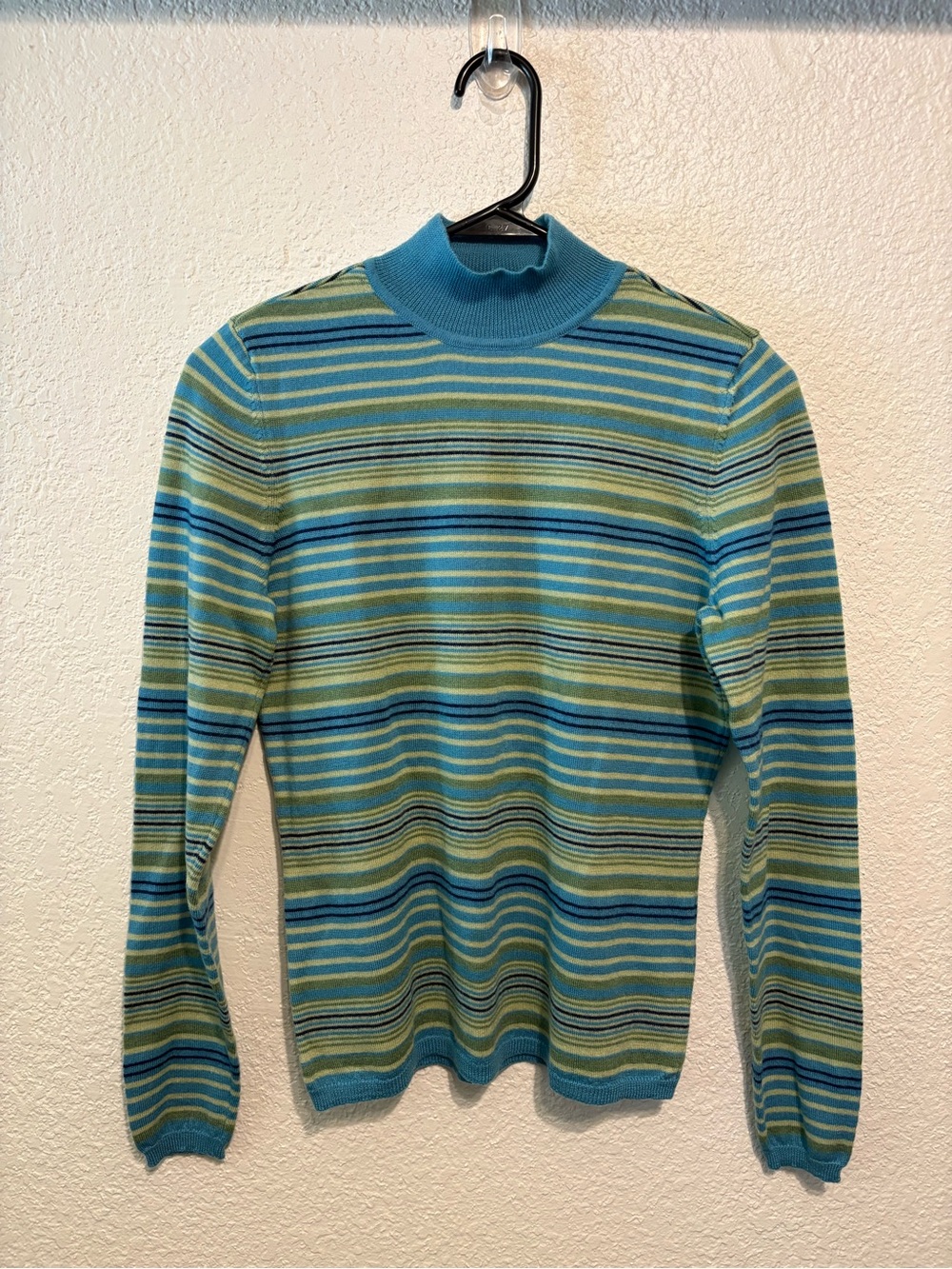 100% Merino Wool Women’s Mock Neck Sweater in Turquoise & Lime, Size Small